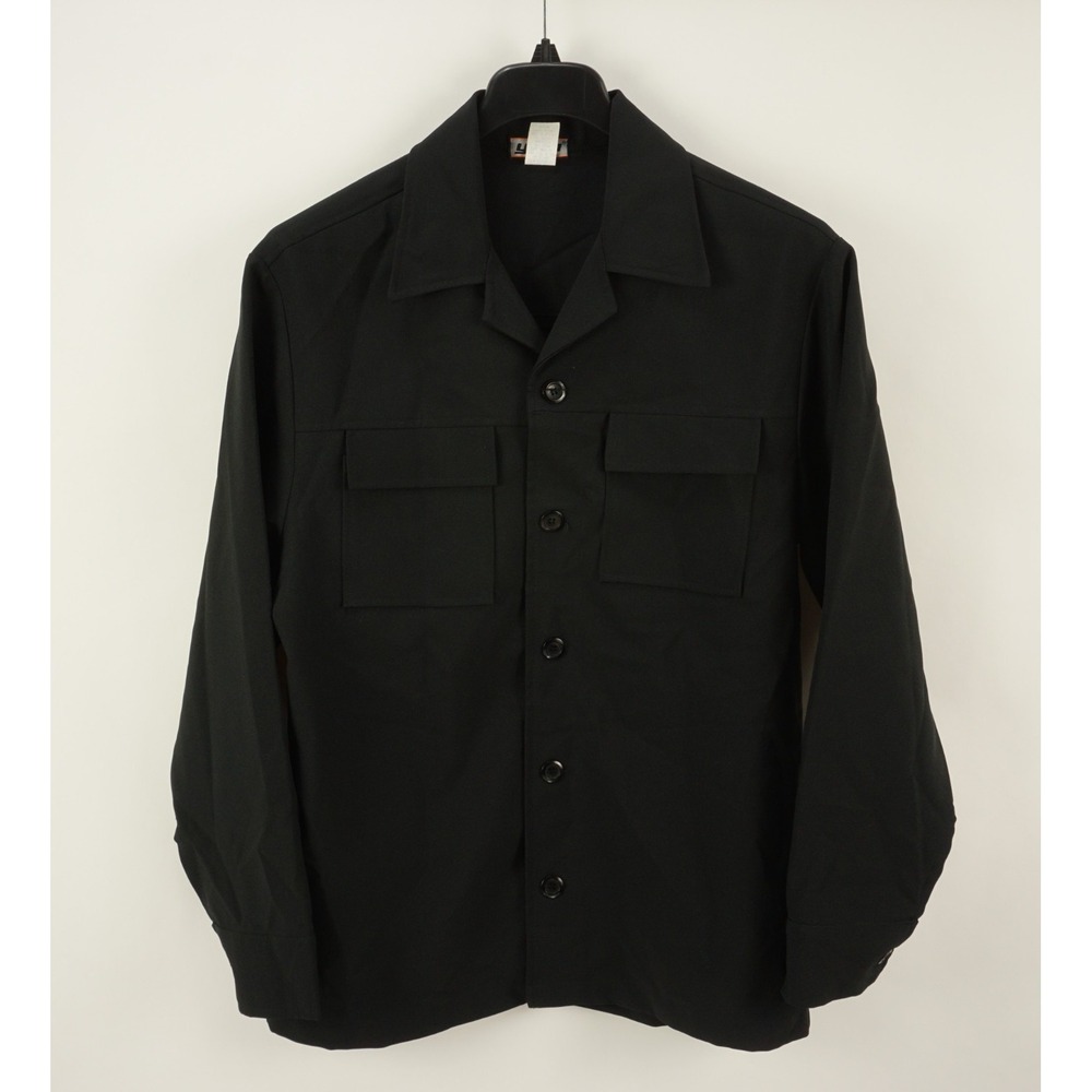 Vintage 1980s YMLA Open Collar Camp Shirt Jacket Mens Medium Black Woven Stretch